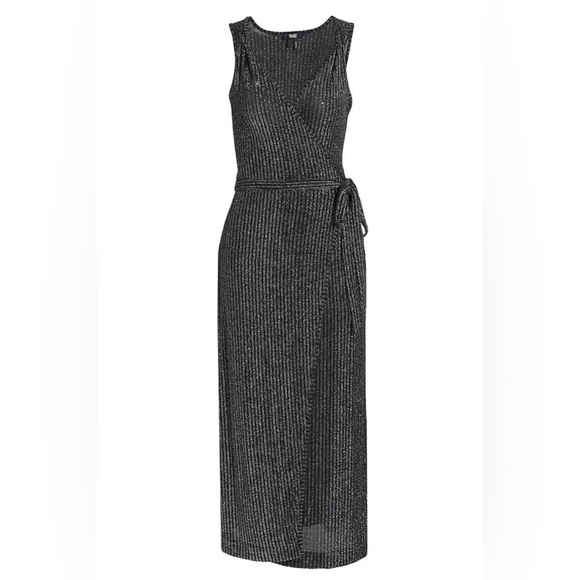 PRICE FIRM Paige Black Silver Pinstripe Metallic V-Neck Wrap Midi Dress S NWT - Picture 6 of 6
